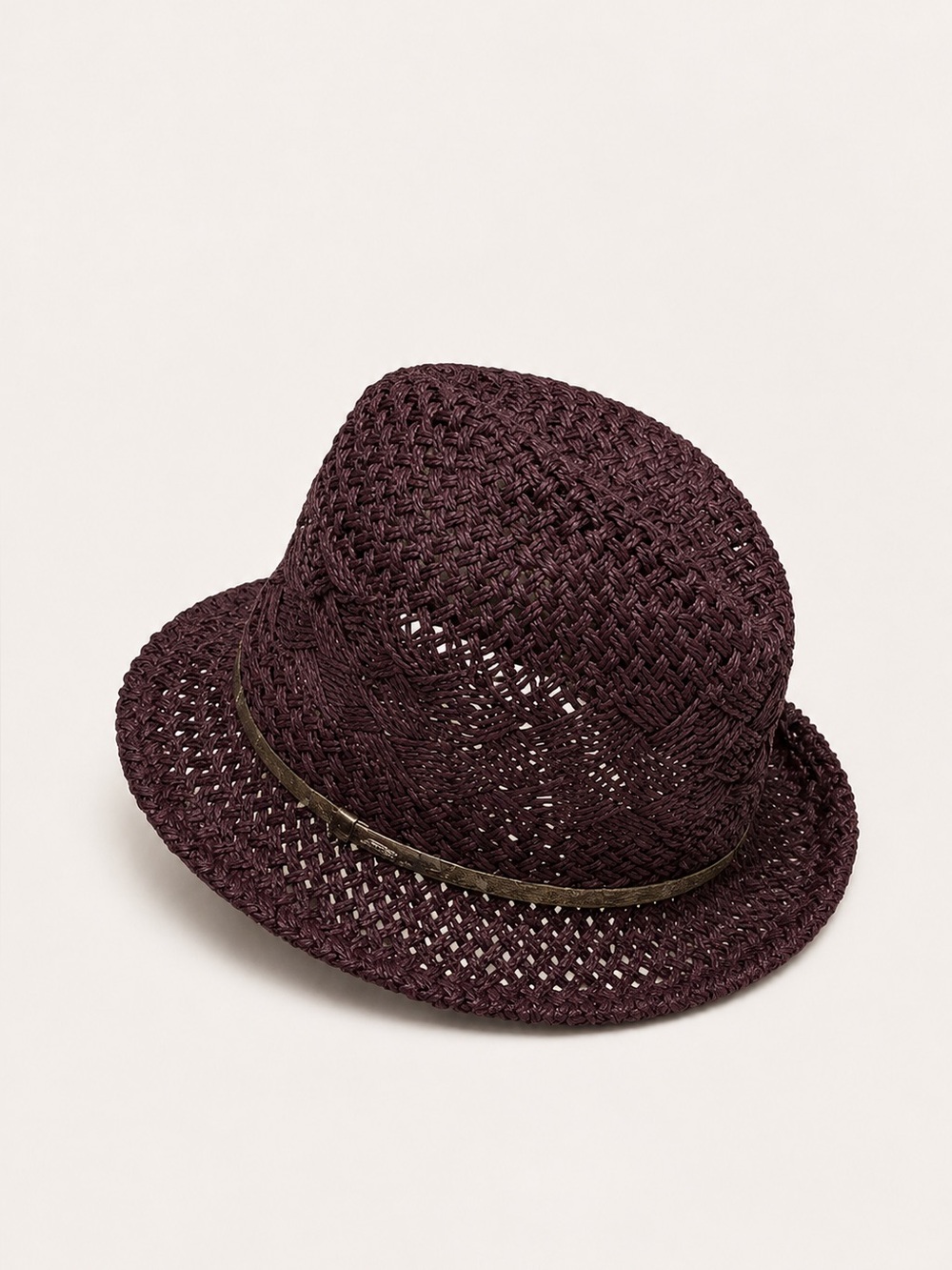 Unique Vintage Deep Plum Crochet Fedora with Metallic Trim